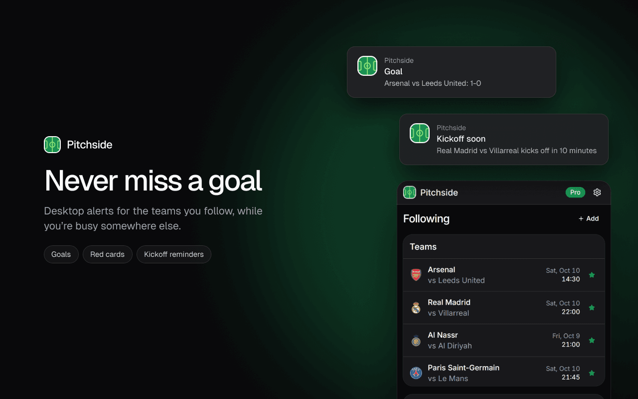 Pitchside desktop alerts for a goal and a kickoff reminder, next to the Following tab