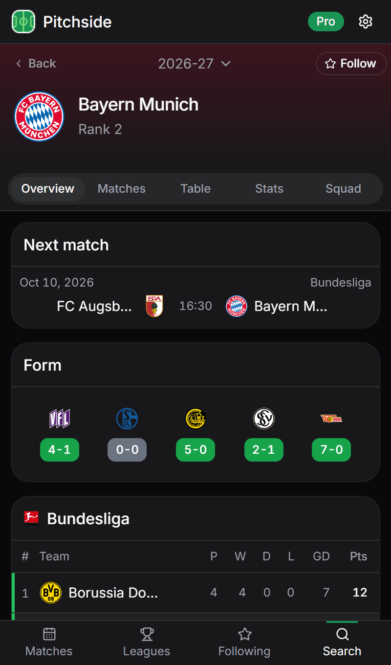 Une page équipe dans Pitchside : le prochain match du Bayern Munich, sa forme récente et son classement.